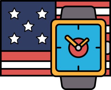 Amerikan bayrağının yanında bir saat gösterilir. Saat turuncu ve siyah. Saat mavi arka planda.