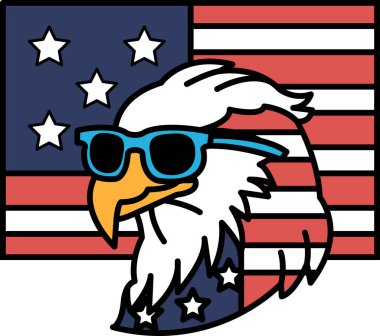 Güneş gözlüğü takan bir kartal ve kırmızı, beyaz ve mavi bir Amerikan bayrağı. Kartal güneş gözlüğü takıyor ve şapşal, eğlenceli bir görüntüsü var.