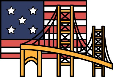 Bir köprü çizimi ve yıldızlı bir bayrak. Köprü sarı, bayrak kırmızı, beyaz ve mavi.