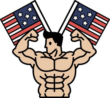 Kaslı yapılı bir adam elinde iki Amerikan bayrağı tutuyor. Güç ve vatanseverlik kavramı
