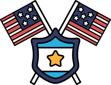 Üzerinde iki Amerikan bayrağı olan bir kalkan. Kalkan mavi ve beyaz. Kalkan yıldızlarla süslenmiş.