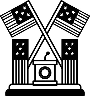 İki tarafında iki Amerikan bayrağı olan bir podyumun siyah beyaz görüntüsü. Bayraklar bir mikrofondan geçiyor.