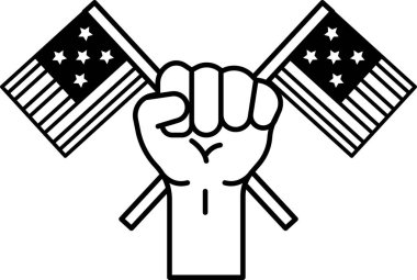 İki Amerikan bayrağı tutan bir yumruk. Yumruk siyah ve beyazdır. Bayraklar kırmızı, beyaz ve mavi
