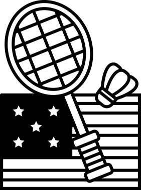 Tenis raketinin siyah beyaz çizimi, badminton raketi ve beyaz arka planda bir mekik siki.