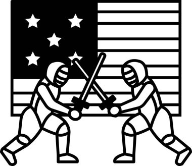 İki adam Amerikan bayrağının önünde eskrim yapıyor. Bayrak siyah beyaz. Sahne yoğun ve rekabetçidir.