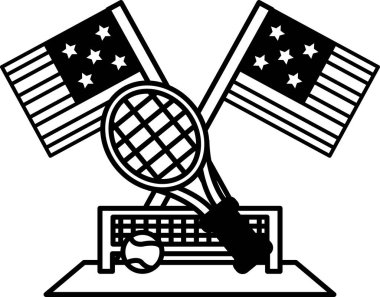 Tenis raketi ve tenis topu arka planda bayrak olan bir tenis kortunda. Amerikan bayrağı ve yıldızları var.
