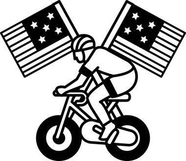 Bir adam arkasında iki Amerikan bayrağı olan bir bisiklete biniyor. Bayraklar kırmızı, beyaz ve mavi. Adam kask takıyor.
