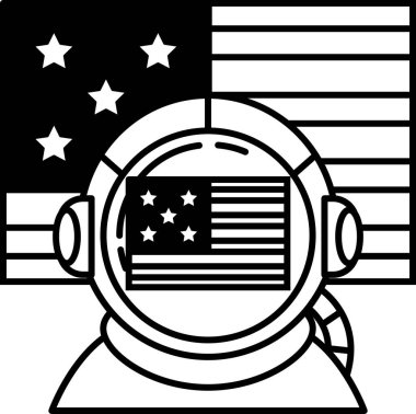 Uzay elbisesi giymiş bir adam Amerikan bayrağının önünde duruyor. Bayrak siyah ve beyaz ve üzerinde yıldızlar var. Adam kask ve takım elbise giyiyor.