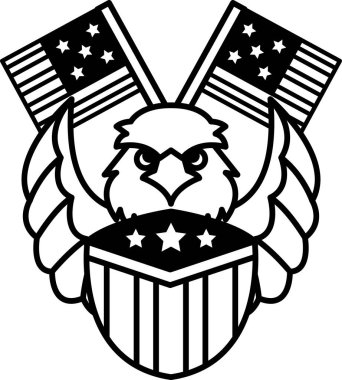 Pençelerinde bayrak olan siyah beyaz bir kartal. Kartal kızgın bir ifadeyle kameraya bakıyor.