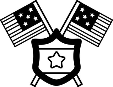Bir yıldız ve iki Amerikan bayraklı bir kalkan. Kalkan bayrakların üzerine yerleştirilmiş, koruma ve güç hissi yaratıyor. Siyah ve beyaz renk şeması bir klasik ekler