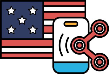 Üzerinde kırmızı-beyaz yıldız olan bir telefon bir Amerikan bayrağının yanındadır. Telefon kırmızı bir çizgiyle bayrağa bağlı.