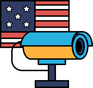 Bir Amerikan bayrağının önüne bir güvenlik kamerası yerleştirilir. Kamera mavi ve sarıdır. Bayrak kırmızı, beyaz ve mavi.