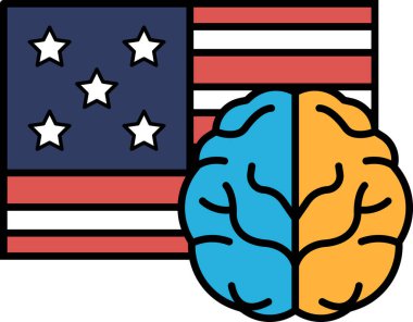 Arka planda Amerikan bayrağı olan bir beyin. Beyin ikiye bölünür, biri mavi ve biri turuncu.