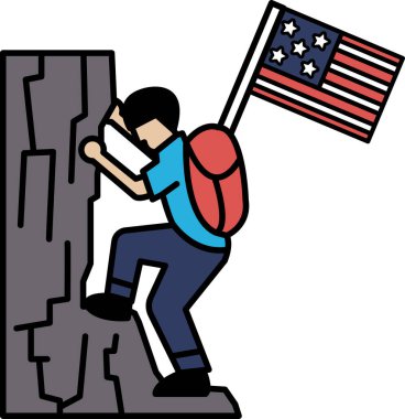 Bir adam sırt çantası ve Amerikan bayrağıyla kayaya tırmanıyor. Bayrak rüzgarda sallanıyor.