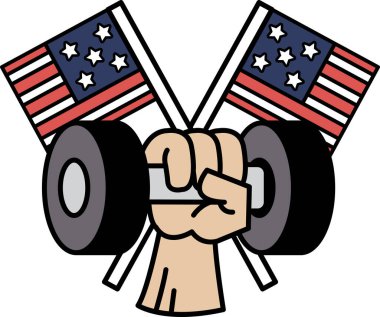 Arka planda iki Amerikan bayrağı olan bir dambılı kaldıran bir adamın karikatürü. Güç ve vatanseverlik kavramı