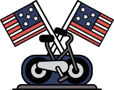 Gidonun üzerinde iki Amerikan bayrağı olan bir bisiklet. Bisiklet durağan bir bisiklettir. Bayraklar kırmızı, beyaz ve mavi