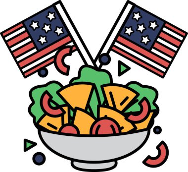 Arka planda iki Amerikan bayrağı olan bir kase salata. Bayrak kasenin solunda ve sağında.