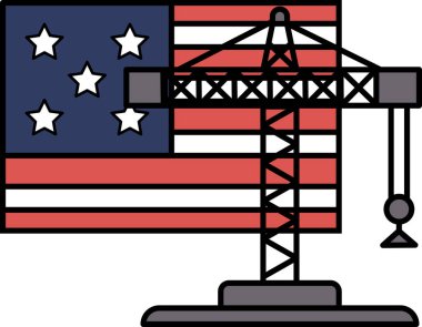 Üzerinde Amerikan bayrağı olan bir vinç bayrağı kaldırıyor. Bayrak kırmızı, beyaz ve mavi ve üzerinde yıldızlar var.