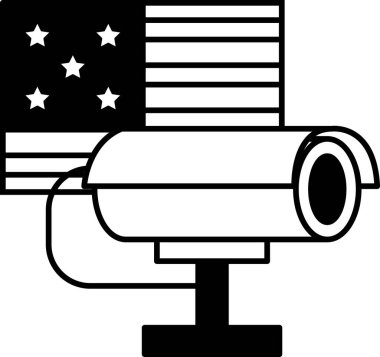 Yıldız ve çizgili arka planı olan bir kameranın siyah beyaz görüntüsü. Kamera Amerikan bayrağını gösteriyor.