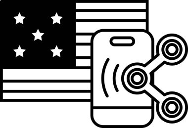 Arka planda yıldız ve Amerikan bayrağı olan bir cep telefonunun siyah beyaz görüntüsü. Teknoloji ve vatanseverlik kavramı