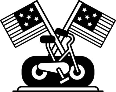 Gidonun üzerinde iki Amerikan bayrağı olan bir bisikletin siyah beyaz görüntüsü. Bisiklet durağan bir bisiklete benzemesi için tasarlandı.