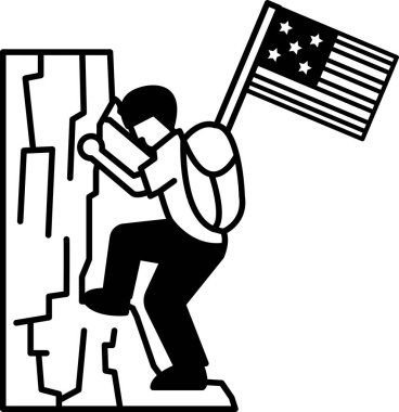 Bir adam sırt çantası ve bayrağıyla kayaya tırmanıyor. Bayrak Amerikan bayrağı.