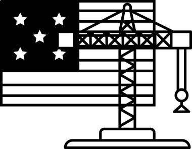 Arka planda bayrak olan bir vinç resmi. Bayrağın yıldızları ve çizgileri var. Vinç uzun ve heybetli.