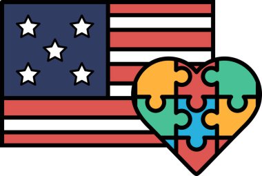 Bir yapboz parçası bir Amerikan bayrağının üzerine yerleştirilir. Kalp farklı renkli parçalardan oluşur ve bayrak kırmızı, beyaz ve mavidir. Birlik ve kapsayıcılık kavramı