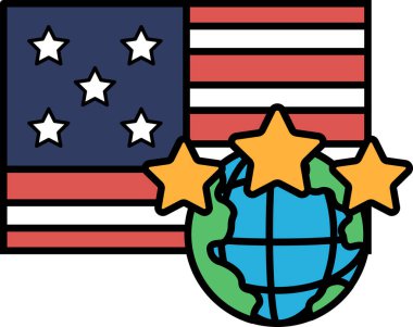 Yıldızlı ve küresi olan bir Amerikan bayrağı karikatürü. Dünya yıldızlarla çevrilidir ve yıldızlar dünyanın dört bir yanına dağılmıştır. Bayrak görüntünün sol üst köşesine yerleştirilmiştir.