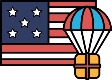 Üzerinde mavi-beyaz paraşüt olan kırmızı, beyaz ve mavi bir Amerikan bayrağı. Bayrak yıldızlarla çevrili.