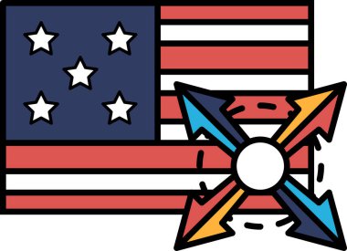 Yıldızlı bir bayrak ve farklı yönlere bakan dört oklu kırmızı bir daire. Bayrak kırmızı, beyaz ve mavi.