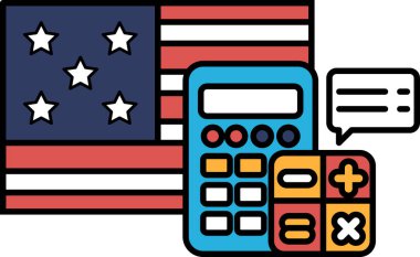 Bir hesap makinesi kırmızı, beyaz ve mavi bir Amerikan bayrağının yanındadır. Hesap makinesi bayrağın sağ tarafında.