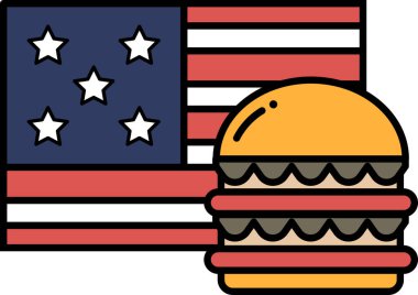 Arka planda kırmızı, beyaz ve mavi Amerikan bayrağı olan bir hamburger. Hamburger büyük ve o bir sosisli sandviç.