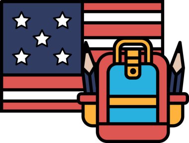 Kırmızı, mavi bir okul çantası kırmızı, beyaz ve mavi bir Amerikan bayrağının yanına yerleştirilir. Çanta dolma kalemler ve kalemlerle dolu, bu da bir okul çantası olduğunu gösteriyor. Eğitim ve vatanseverlik kavramı