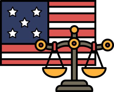 Arkasında Amerikan bayrağı olan bir karikatür. Terazi sol ve sağ taraftaki bayrak ile dengelenmiştir.