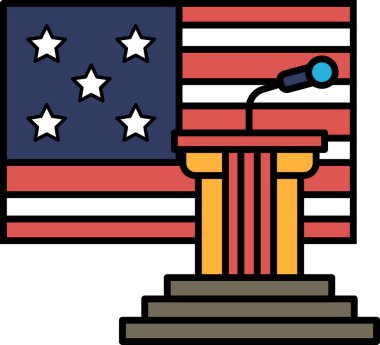 Bir mikrofon bir Amerikan bayrağının önünde podyumda. Bayrak kırmızı, beyaz ve mavi.