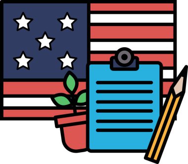 Üzerinde kalem olan mavi bir pano kırmızı, beyaz ve mavi bir Amerikan bayrağının yanında duruyor.