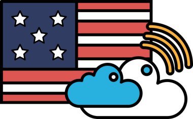 Arka planda bir bulutla vatansever bir Amerikan bayrağı gösteriliyor. Bayrak kırmızı, beyaz, mavi ve yıldızlı. Bulut beyaz ve mavi, sarı çizgili.