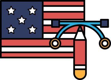 Üzerinde kırmızı ve mavi kalem olan kırmızı ve beyaz bir Amerikan bayrağı. Kalem ve kalem bayraktaki yıldızları çizmek için kullanılır.