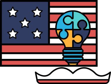 Amerika Birleşik Devletleri 'nin ortasında bir ampul olan vatansever bir görüntüsü. Ampul yıldızlar ve Amerikan bayrağı ile çevrilidir. Yenilik ve ilerleme kavramı