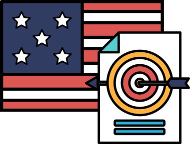 Yıldızlı bir vatansever Amerikan bayrağı ve üzerinde hedef olan bir gazete. Hedef bir hedefi ya da hedefi temsil ediyor ve bayrak da ülkenin gurur ve birliğini simgeliyor.