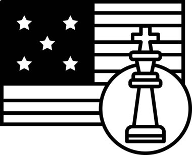 Üzerinde papaz olan bir satranç tahtası resmi. Görüntü yıldızlar ve Amerikan bayrağı ile çevrilidir. Sahne, satranç oyununu temsil ettiği için ciddi ve stratejik.