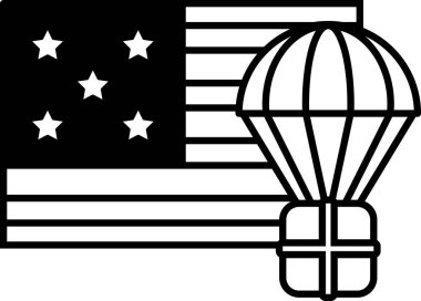 Üzerinde paraşüt olan siyah beyaz bir Amerikan bayrağı. Bayrak yıldızlarla çevrili ve paraşüt bayrağın üzerinde duruyor. Vatanseverlik ve macera kavramı