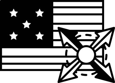 Üzerinde haç ve oklar olan bir Amerikan bayrağının siyah beyaz görüntüsü. Bayrak yıldızlar, haçlar ve oklar farklı yönlere bakıyor. Güç ve güç kavramı