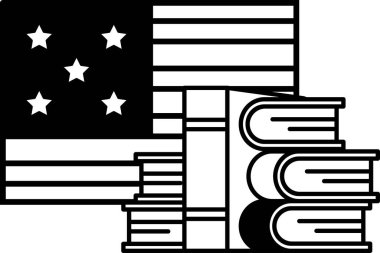 Arkasında bayrak olan bir kitap yığınının siyah beyaz görüntüsü. Bayrak, Amerikan bayrağı ve kitaplar üst üste istiflenmiş. Vatanseverlik ve eğitim kavramı