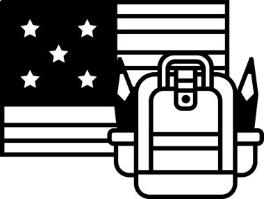 Bayrağın üstünde bir sırt çantası var. Sırt çantası siyah beyaz. Bayrak kırmızı, beyaz ve mavi.