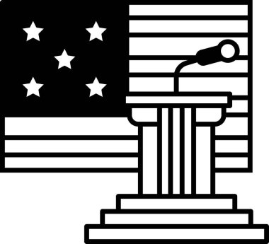 Amerikan bayrağının önündeki podyumun tepesine bir mikrofon yerleştirildi. Bayrak ABD 'nin bir sembolü ve ülkenin değer ve ideallerini temsil ediyor.