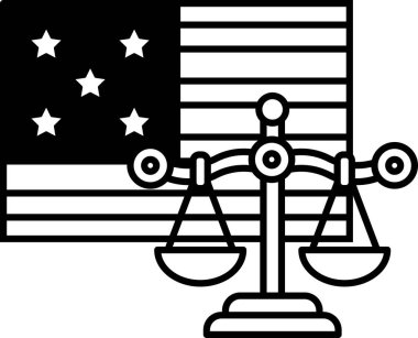 Arkasında bayrak olan bir terazinin siyah beyaz çizimi. Bayrağın yıldızları ve çizgileri var.