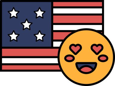 Üzerinde kalp olan, arka planda Amerikan bayrağı olan gülümseyen bir yüz karikatürü.