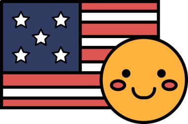 Arkasında kırmızı, beyaz ve mavi Amerikan bayrağı olan gülümseyen bir yüz karikatürü. Bayrağın yıldızları ve çizgileri var.